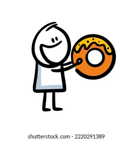 Caricatura de doodle de niño pequeño con un gran donut en las manos. Ilustración vectorial de personas y pasteles.