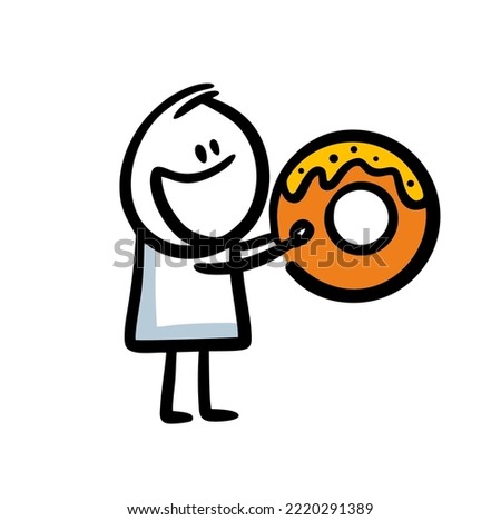 Little boy doodle character with big donut in hands. Vector illustration of people and cakes.