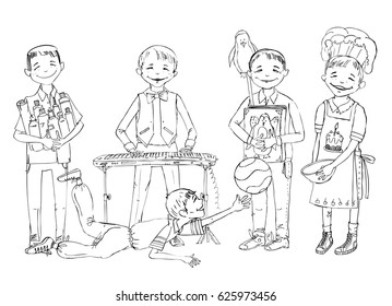 Little boy doodle, paying musical instrument, drawing, running, reading. School activities, educational concept