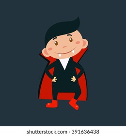 Little Boy In Dracula Haloween Disguise Funny Flat Vector Illustration On Dark Background
