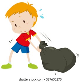 Little boy dragging a black bag illustration