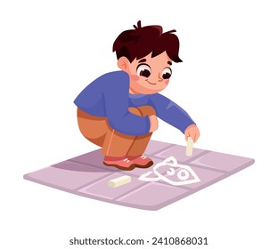Little Boy Drawing with Chalks Have Creative Pursuit Enjoy Recreation Vector Illustration