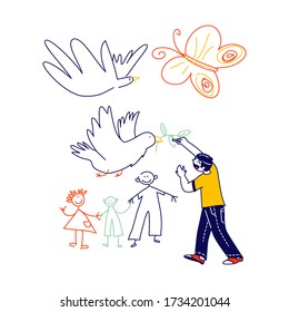 Little Boy Drawing Doves with Branch and Happy Family. Child Character Painting on White Wall, International Kids Day or Peace Day Celebration. Childhood, Happiness Concept. Linear Vector Illustration