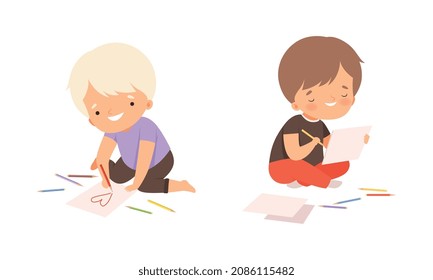 Little Boy Drawing on Paper with Colored Pencil Sitting on the Floor Vector Set