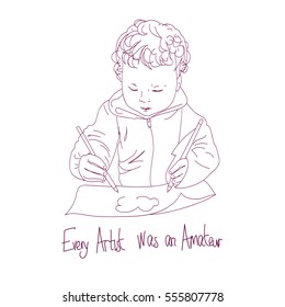 A little boy drawing with pencils vector illustration.