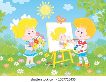 Little boy drawing a portrait of a cute smiling girl with a bouquet of colorful flowers in a green park on a sunny summer day, vector illustration in a cartoon style