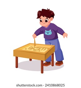 Little Boy Drawing with Sand Have Creative Pursuit Enjoy Recreation Vector Illustration
