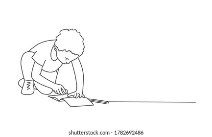 Little boy draws on the floor. Line drawing vector illustration.