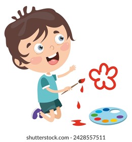 little boy draws a red flower with paints