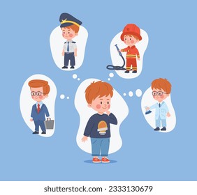 Little boy dreaming of his future career, cartoon flat vector illustration isolated on blue background. Child thinking about jobs of fireman, pilot, scientist or businessman.