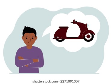 A little boy is dreaming or thinking about a children's motorcycle or scooter. Thoughts in an air bubble. Vector flat illustration.