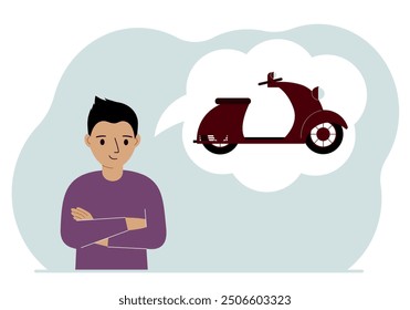 A little boy is dreaming or thinking about a children's motorcycle or scooter. Thoughts in an air bubble. Vector flat illustration.