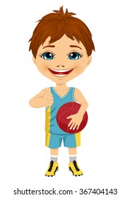 little boy dressed in basketball gear holding basketball and showing thumbs up