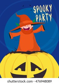 Little boy dressed as a devil and coming out from a big pumpkin (Jack-o-Lantern) for Happy Halloween celebration.