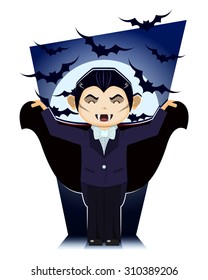 Little boy dressed as Dracula with background