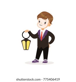 Little boy dressed as a dracula, cute kid in halloween costume vector Illustration