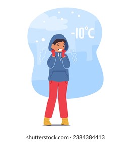 Little Boy Dressed in Hoodie Shivered In The Biting Wind, His Cheeks Flushed With Cold. Clutching His Jacket, He Sought Warmth, Breaths Visible In The Frosty Air. Cartoon People Vector Illustration