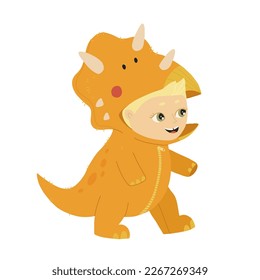 Little boy dressed in jumpsuit kigurumi in form of triceratops. Boy in dinosaur or dragon costume with hood and tail. Cozy dino pajamas. Cartoon flat vector illustration in doodle style