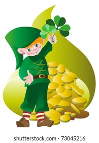 A little boy dressed as leprechaun guards a treasure of gold  coins
