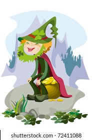 A little boy dressed as leprechaun sitting on a pile of gold coins