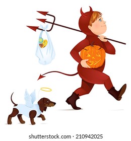 Little Boy dressed like Devil with his dog dressed like Angel on Halloween. Vector illustration.