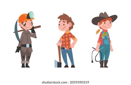 Little Boy Dressed as Miner, Woodsman and Cowboy Vector Set