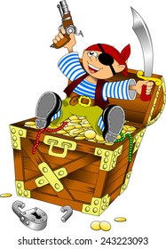 little boy dressed as pirate found gold, vector