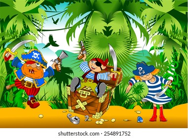 little boy dressed as pirate found gold, vector