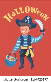 Little boy dressed up as a pirate in hat. Kid holding a sword and basket. with fruits. Halloween. Vector cartoon illustration in modern concept