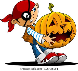 little boy dressed as pirate holding a pumpkin;