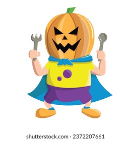 Little boy dressed as a pumpkin bring fork and spoon, cute kid in halloween costume vector Illustration. Good for landing page or illustration of article.