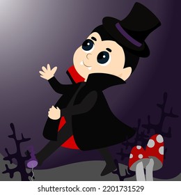 A little boy dressed in a vampire costume cheerfully runs with a basket of pumpkins against the background of bushes and fly agaric mushrooms for Halloween. A child in a black cloak.