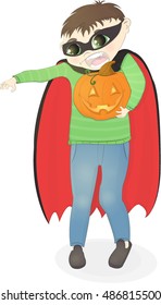 Little boy dressed as vampire with pumpkin, happy halloween, cute child vector cartoon