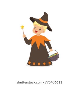 Little Boy Dressed As A Wizard, Cute Kid In Halloween Costume Vector Illustration