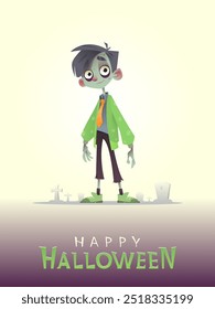 Garotinho vestido de zumbi. Garoto em fantasia de Halloween. Fundo de silhueta grave. Conceito de banner ou cartão postal de Halloween. Feliz Dia das Bruxas. Ilustração de vetor de desenhos animados