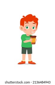 little boy drink hot coffee and feel happy