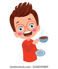 little boy drink hot coffee and feel happy