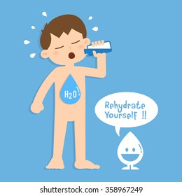 Little boy drinking a bottle of water, vector illustration