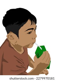 un niño pequeño bebe leche de chocolate envasada con una pipeta de comida rápida en un fondo blanco