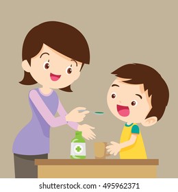 Little boy drinking syrup medicine liquid mother hand feed.cute  boy eat drug cartoon vector.