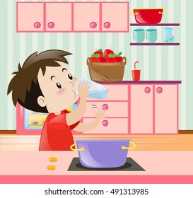 Little boy drinking water in kitchen illustration