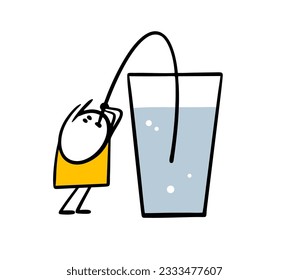 Un niño pequeño bebe agua o limonada a través de un tubo de un vaso enorme. Ilustración vectorial de un refresco y un niño. La acción divertida de la persona de los cómics aislada en el fondo blanco.