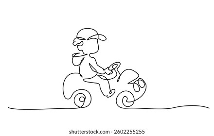 Little boy drive his toy car. Continuous one line drawing. Kid having fun. Single line design vector graphic illustration