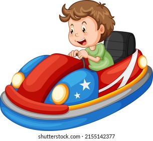 Little boy driving bumper car in cartoon design illustration