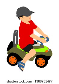Little boy driving mini car vector illustration. Child with toy automobile. Kid driving pedal car. Happy toddler playing outdoor. Child with birthday gift.