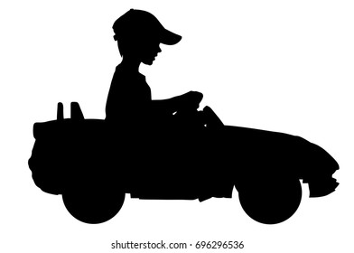 Little boy driving mini car vector silhouette illustration. Child with toy automobile. Kid driving pedal car .
