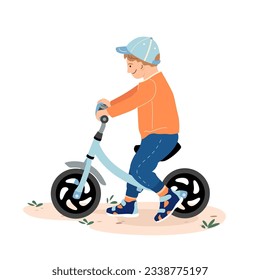 Little boy driving a push bike to cheerfully. Boy learning on a first sport baby balance bike. Vector character illustration isolated on white background.