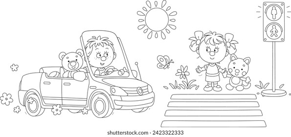 Niño manejando un pequeño auto de juguete y una niña pequeña con su gracioso gato esperando luz verde de tráfico en un cruce peatonal de una calle de la ciudad en un soleado día de verano, ilustración vectorial de caricatura