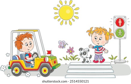 Little boy driving a small toy car and a little girl with her funny puppy waiting for green traffic light at a pedestrian crossing of a town street on a sunny summer day, vector cartoon illustration