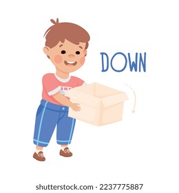 Little Boy Dropping Cardboard Box Down as Preposition Demonstration Vector Illustration